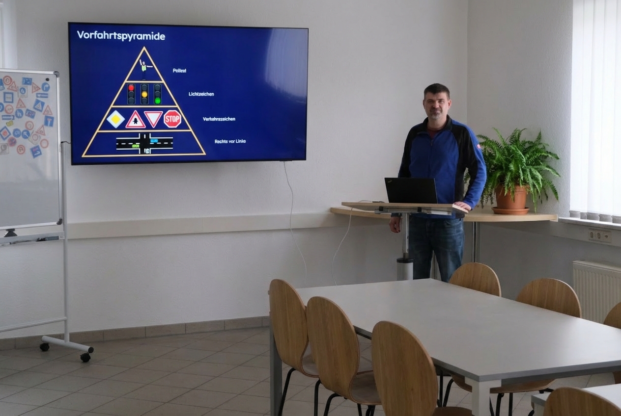 Ein Fahrlehrer steht in einem modernen Schulungsraum neben einem Bildschirm, der eine Grafik zur 'Vorfahrtspyramide' mit Verkehrszeichen anzeigt.
